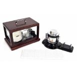 Small contemporary mahogany barograph, within a hinged glazed case surmounted by a carrying