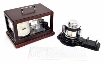Small contemporary mahogany barograph, within a hinged glazed case surmounted by a carrying