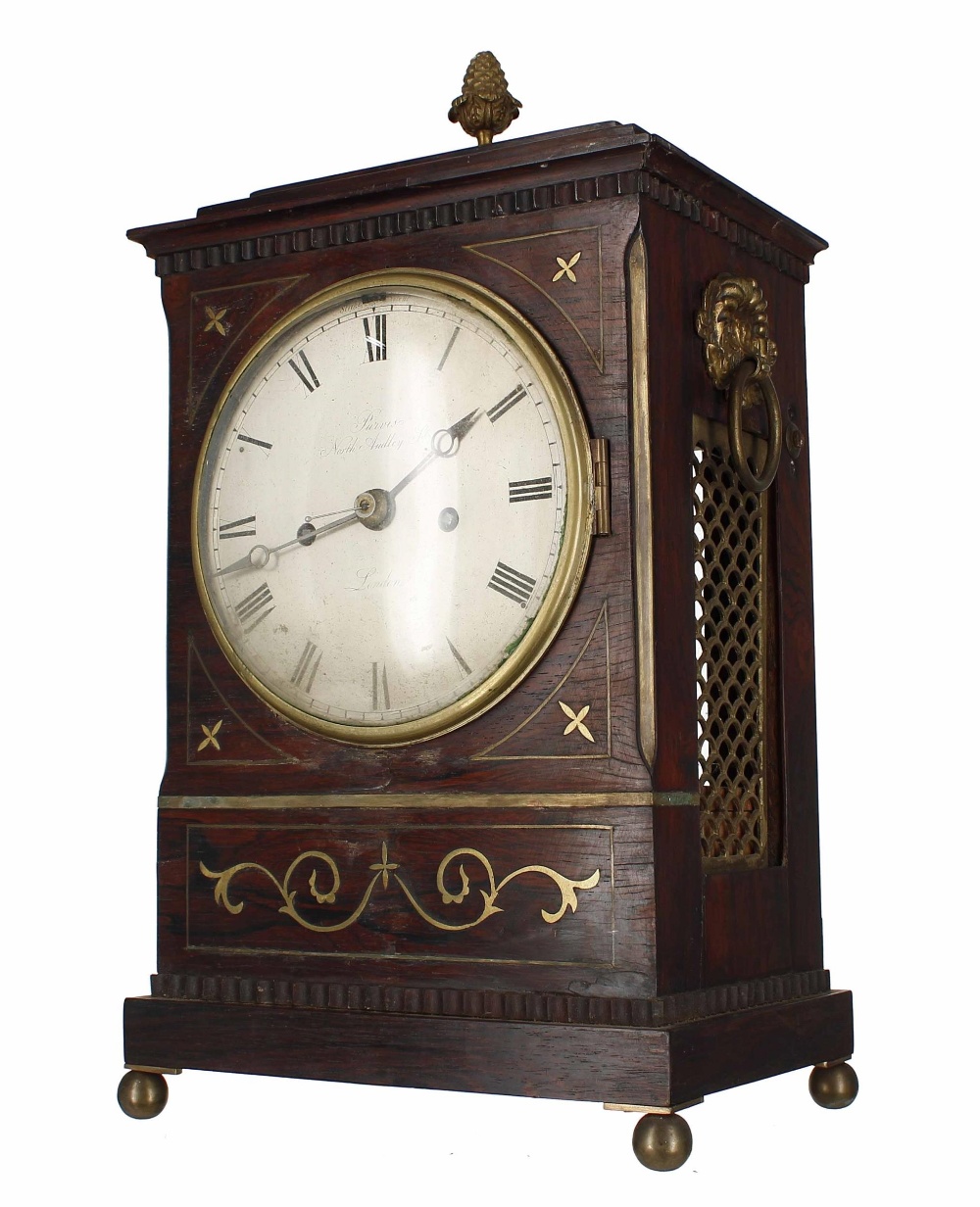 English rosewood double fusee mantel clock, the 6" silvered dial signed Purvis, North Audley St, - Image 2 of 3