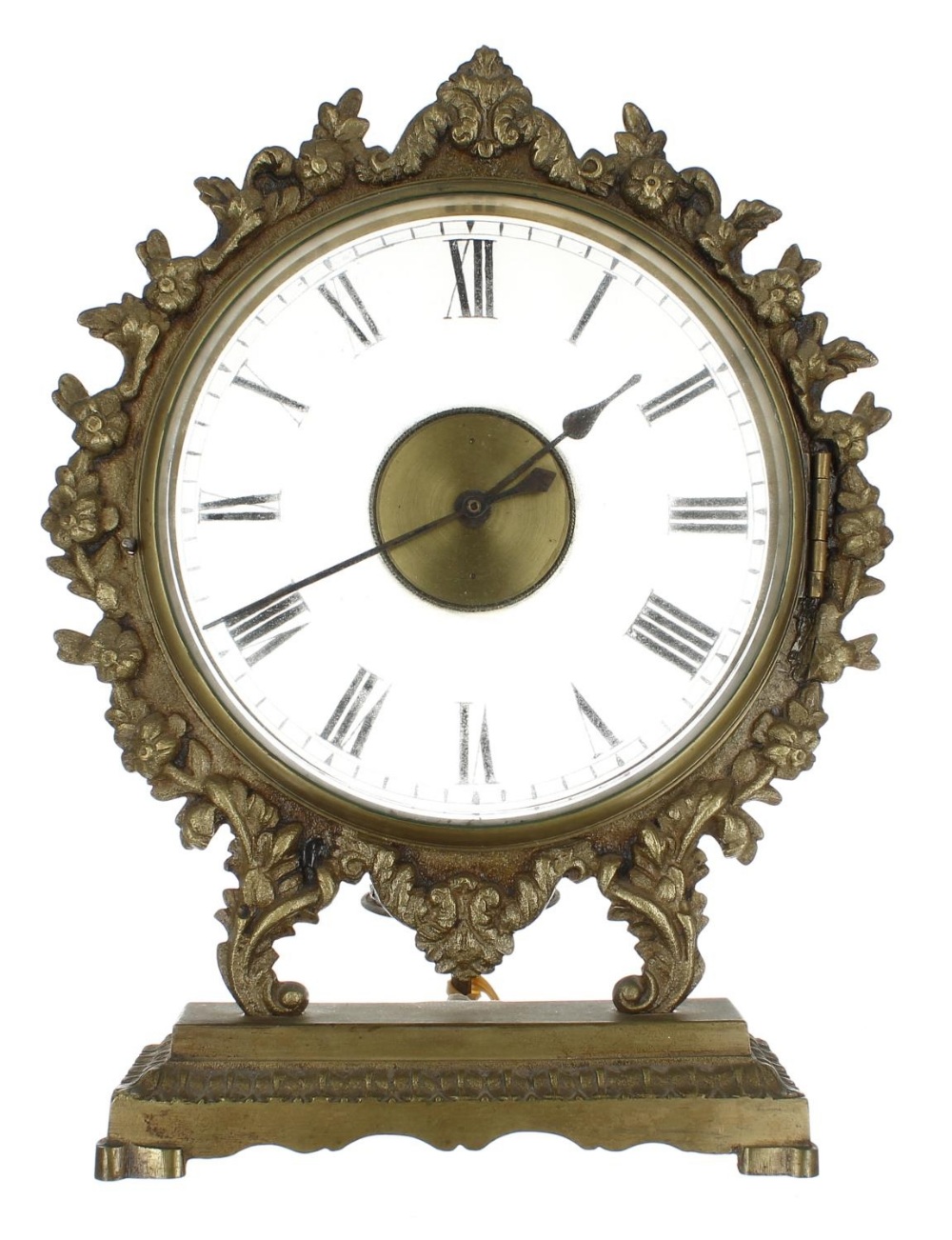 Interesting brass night clock, the 6.5" glass chapter ring fitted with a pocket watch movement to