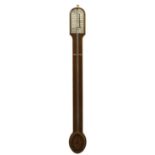 Walnut and boxwood banded stick barometer, the rounded arched silvered register plate over a flat