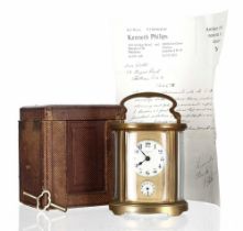 French carriage clock timepiece with alarm, fitted with a bell beneath the base, the principal 1.75"