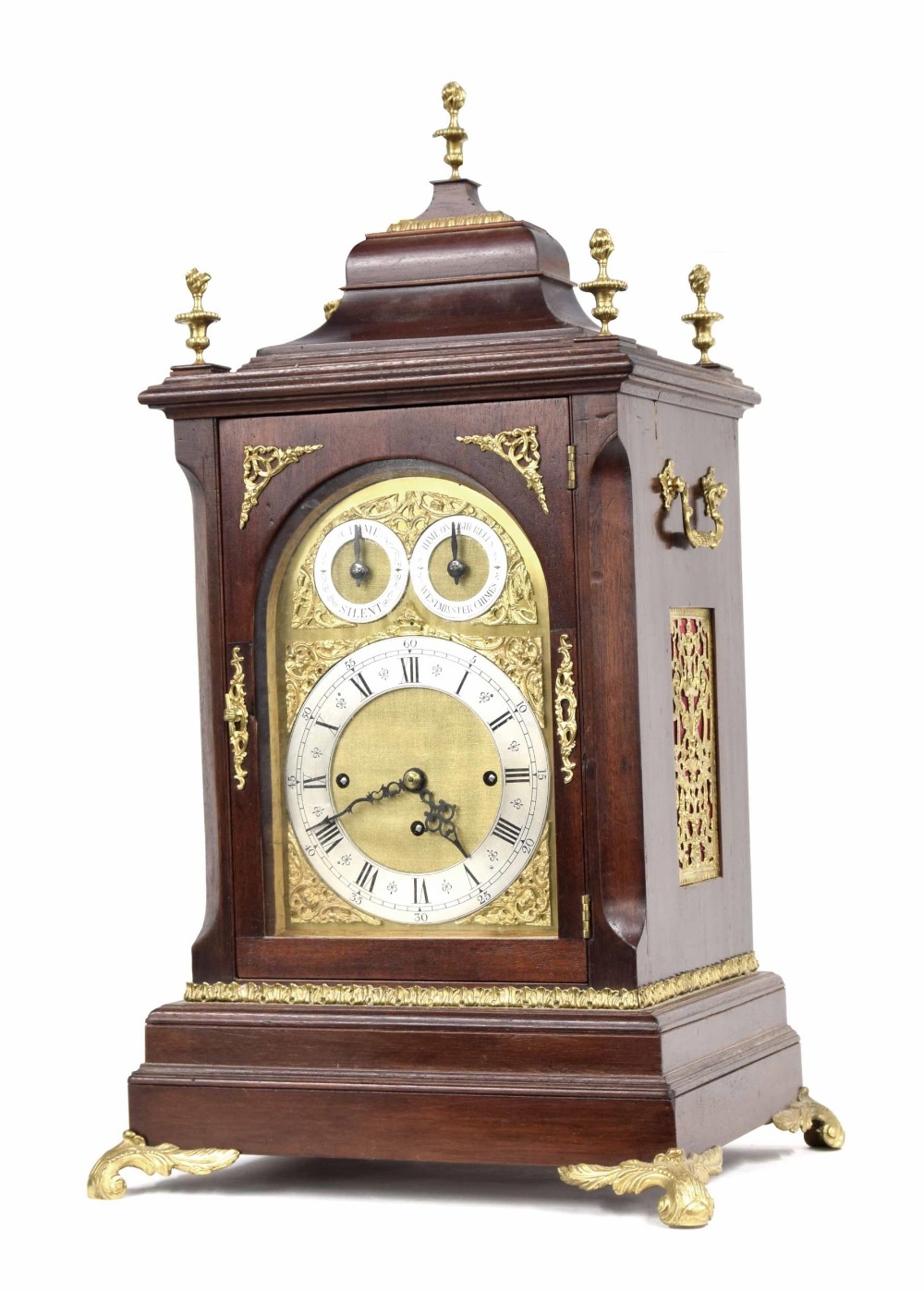 Good mahogany triple fusee boardroom clock, the 7.5" rounded arched brass dial with silvered chapter - Image 2 of 3