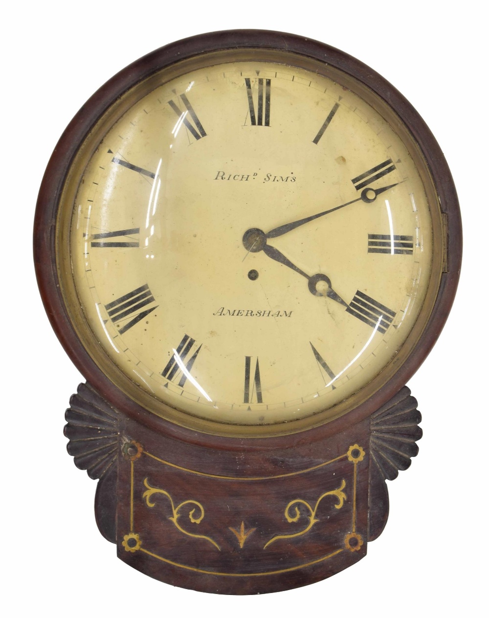 Rosewood single fusee 12" drop dial wall clock signed Richard Sims, Amersham, within a turned