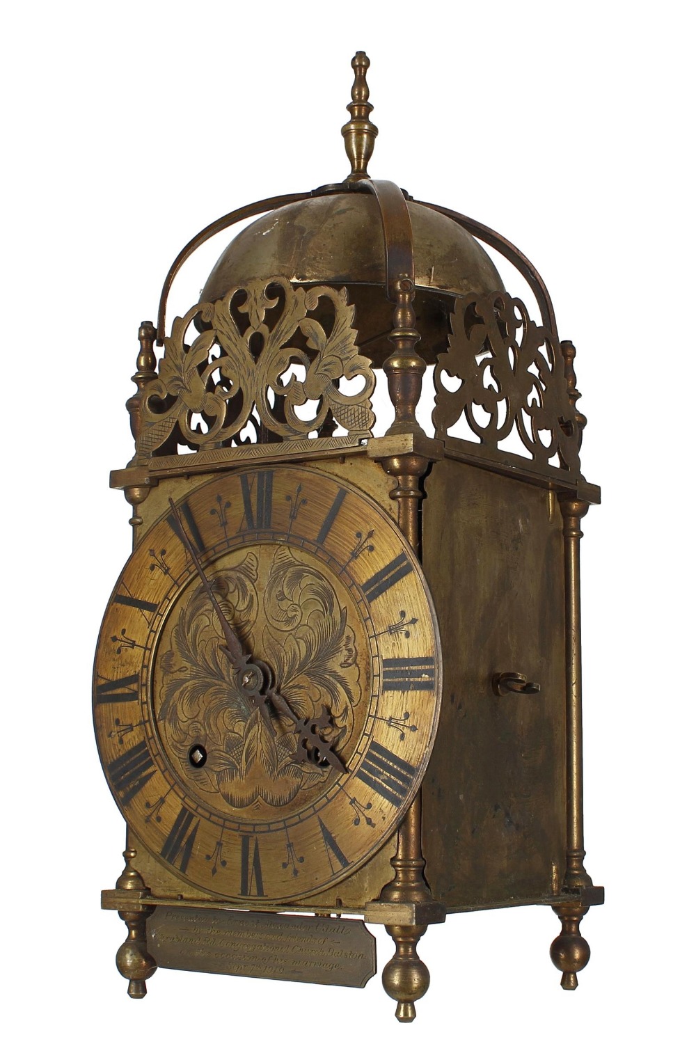 Brass two train lantern clock case with later movement, the 6.5" brass dial enclosing a foliate - Image 2 of 4