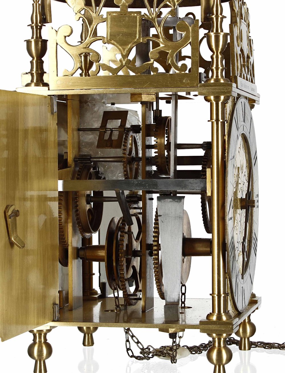 Contemporary brass verge lantern clock signed Peter Mairavers, Nantwich on the front fret, over a - Image 3 of 5