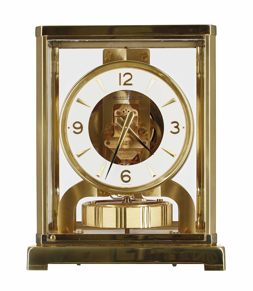 Jaeger-LeCoultre Atmos clock, the 4.25" white chapter ring enclosing a skeletonised centre, with