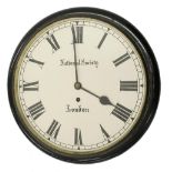 Ebonised single fusee 12" wall dial clock signed National Society, London, within a turned