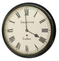 Ebonised single fusee 12" wall dial clock signed National Society, London, within a turned