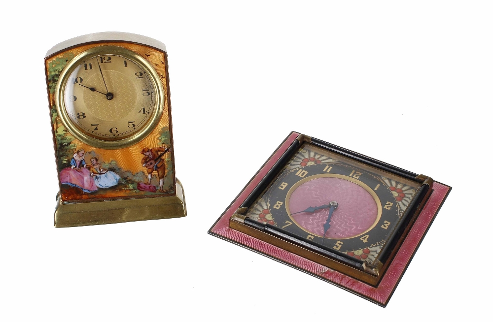 Small brass desk timepiece decorated with a musician and two ladies in a garden, 3.5" high; also