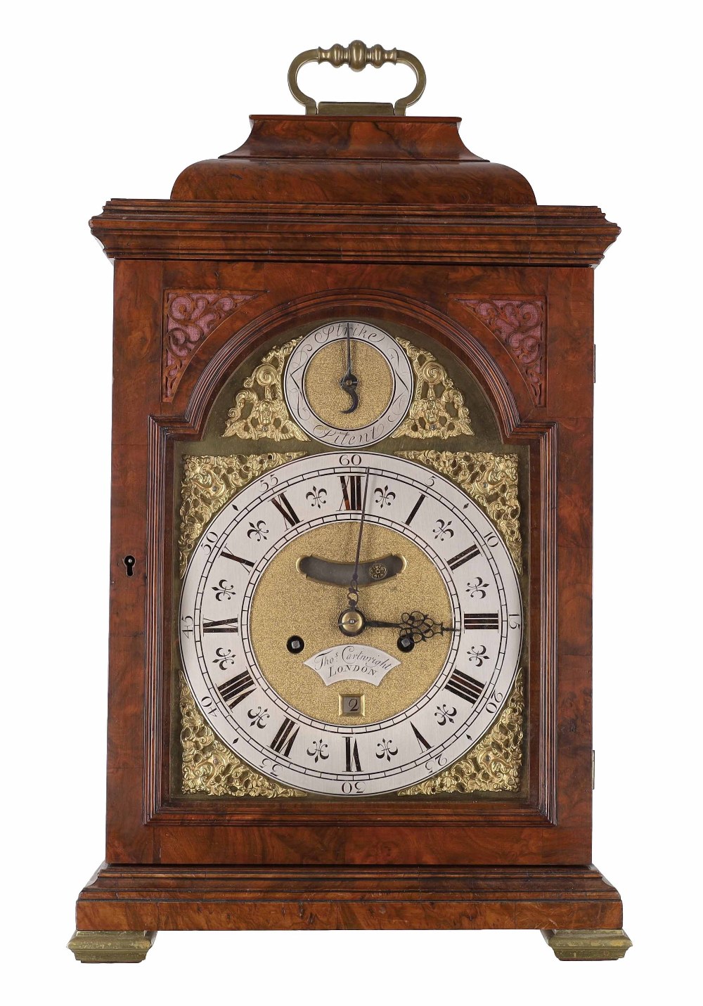 English walnut double fusee verge bracket clock, signed Thomas Cartwright, London on an arched
