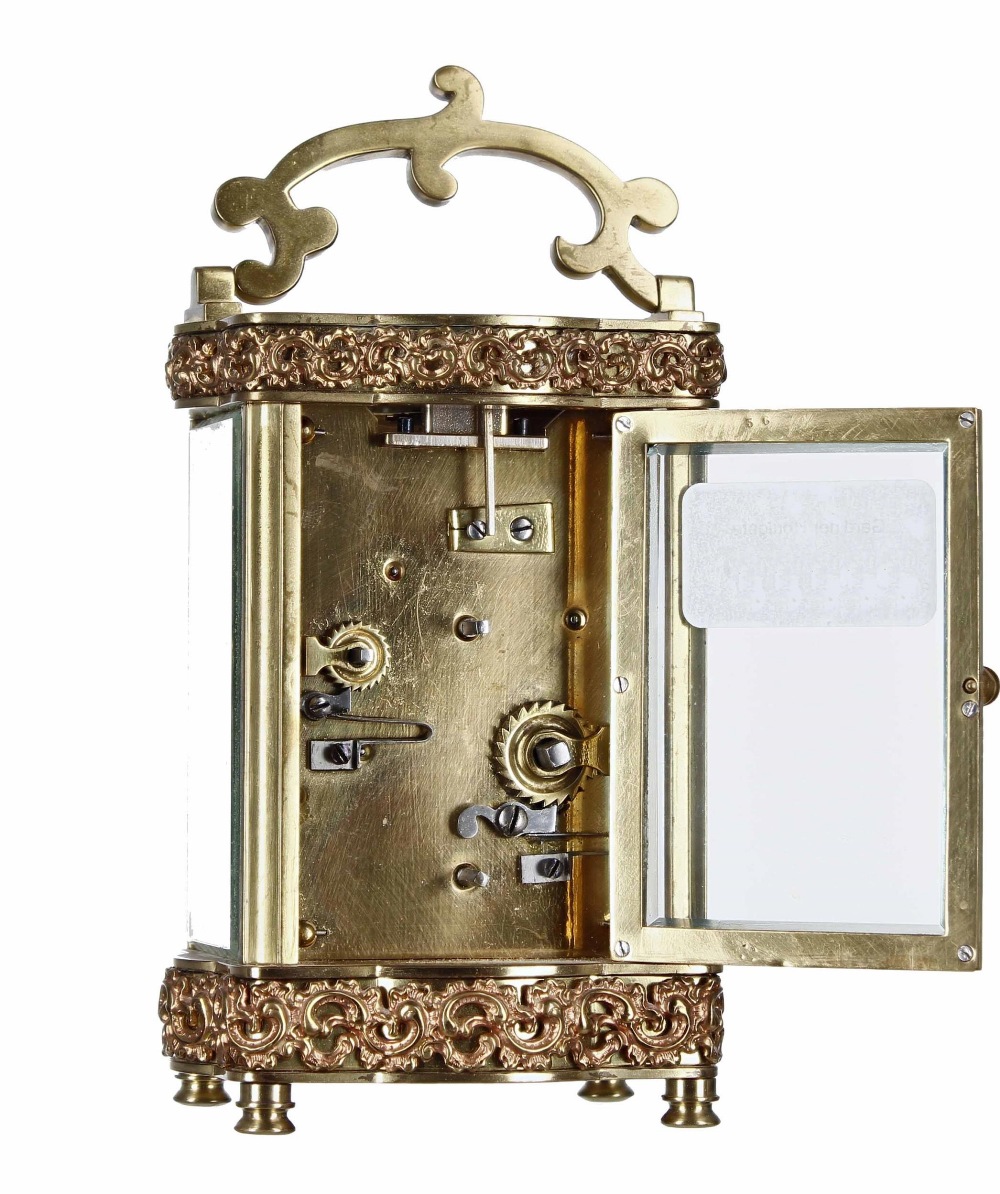 Attractive carriage clock timepiece with alarm striking on a bell beneath the base, the 2" cream - Image 3 of 3