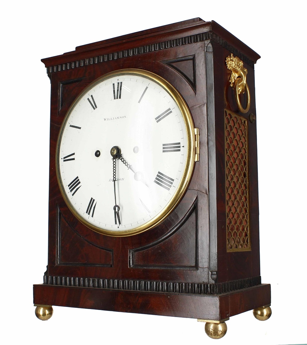 English mahogany double fusee mantel clock, the 8" white dial signed Williamson, London, also signed - Image 2 of 3