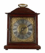 Stained wooden single fusee bracket clock, the 7.5" square brass dial plate with applied silvered