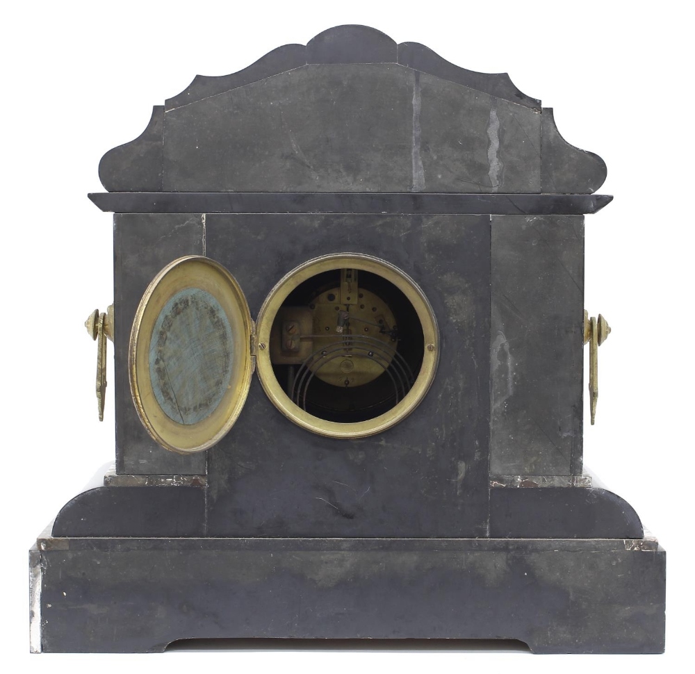 Good French black slate and coloured marble two train mantel clock, the Mougin movement striking - Bild 3 aus 3