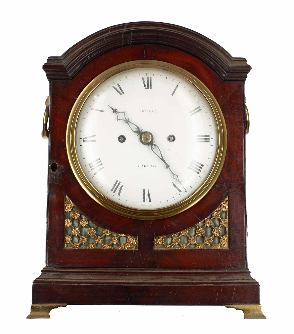 Good English mahogany double fusee verge triple pad top bracket clock, the 7" white dial signed