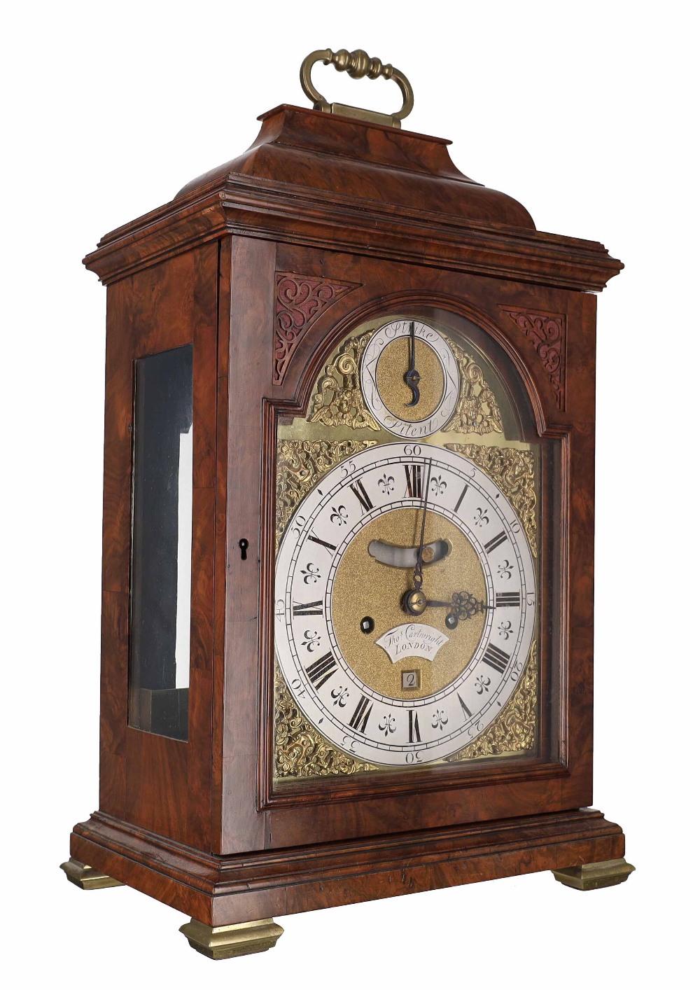 English walnut double fusee verge bracket clock, signed Thomas Cartwright, London on an arched - Image 2 of 3