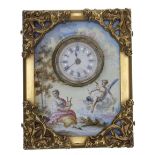 Continental enamel gilt metal framed timepiece, the enamel panel depicting a classical lady