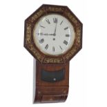 Rosewood single fusee 10" drop dial wall clock, within an octagonal flat beaded surround inlaid with