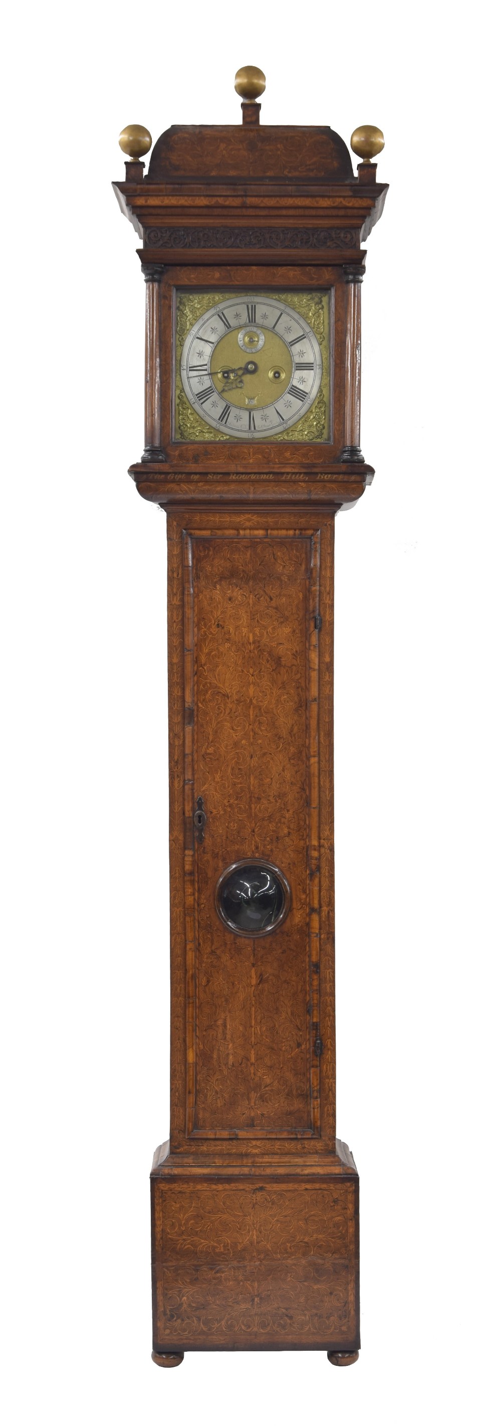 Good seaweed marquetry eight day longcase clock with five pillar movement, the 11" square brass dial