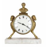 French ormolu drumhead mantel timepiece with platform escapement, the 4" white dial supported by