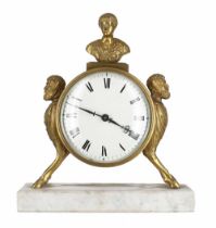 French ormolu drumhead mantel timepiece with platform escapement, the 4" white dial supported by