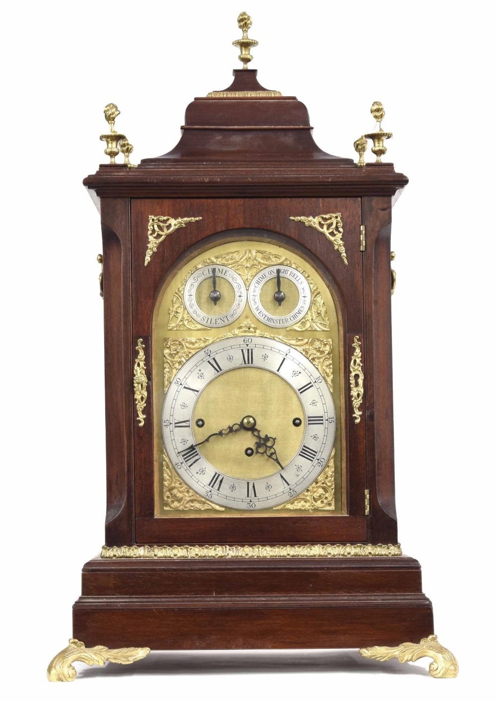 Good mahogany triple fusee boardroom clock, the 7.5" rounded arched brass dial with silvered chapter