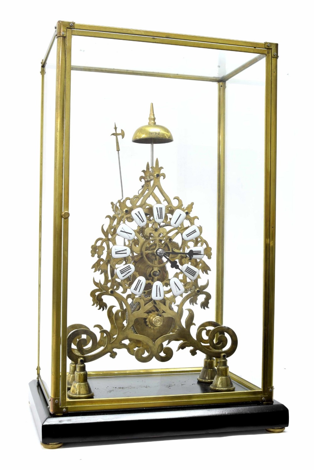 Brass single fusee skeleton clock with passing strike on a bell, the 6" pierced chapter ring with - Image 2 of 5