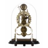 Brass single fusee skeleton clock with passing strike on a bell, the 6" silvered chapter ring