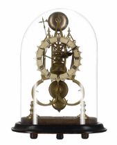 Brass single fusee skeleton clock with passing strike on a bell, the 6" silvered chapter ring