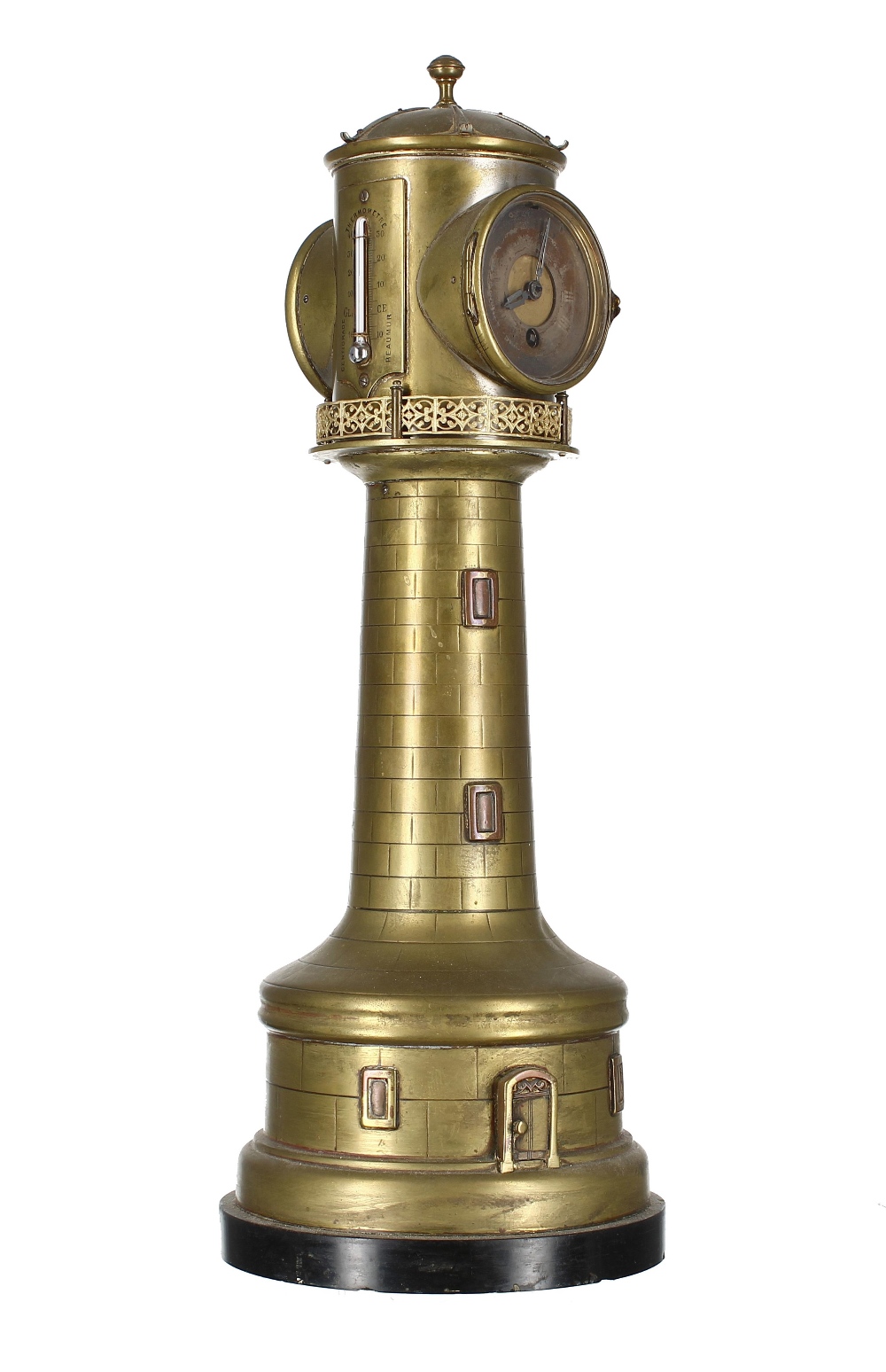 Interesting silver plated on brass novelty light house clock in the manner of André Romain