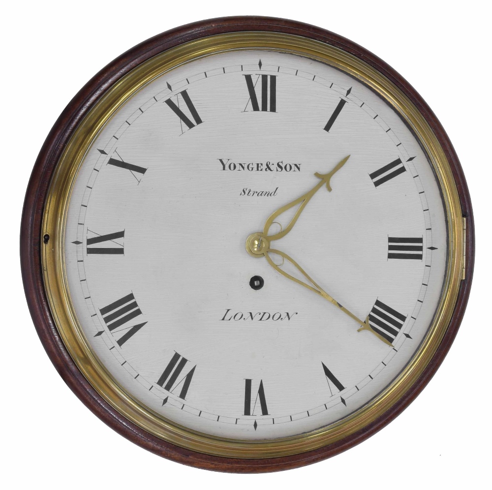 Good English mahogany 12" wall dial clock, the painted wooden dial signed Yonge & Son, Strand,