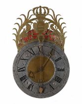 Interesting early brass miniature hook and spike wall clock signed Tompion, London on an oval
