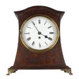 Oak single fusee mantel clock in need of restoration, the 8.5" white dial within a shaped case