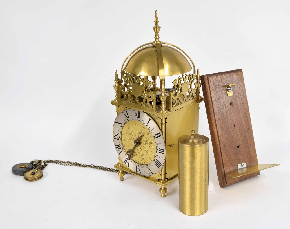 Contemporary brass verge lantern clock signed Peter Mairavers, Nantwich on the front fret, over a - Image 5 of 5