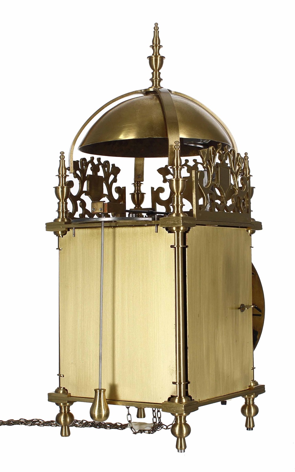 Contemporary brass verge lantern clock signed Peter Mairavers, Nantwich on the front fret, over a - Image 4 of 5