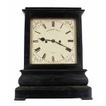 English ebonised double fusee library mantel clock, the 8" square cream dial signed A.B. Savory &