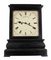 English ebonised double fusee library mantel clock, the 8" square cream dial signed A.B. Savory &