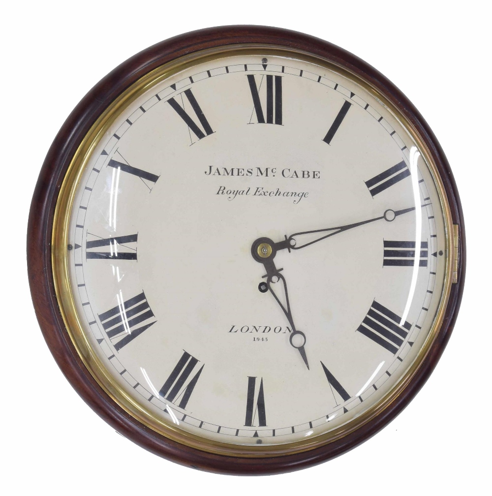 Good English mahogany single fusee 12" convex dial wall clock signed James McCabe, Royal Exchange,