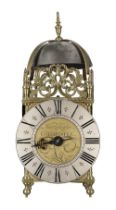 Good English brass hook and spike lantern clock, the 6.5" silvered chapter ring enclosing a