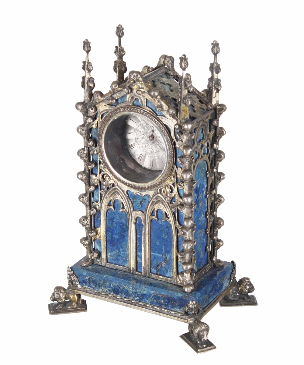 Attractive miniature silvered lapis lazuli gothic mantel clock timepiece with later movement, within - Image 2 of 3