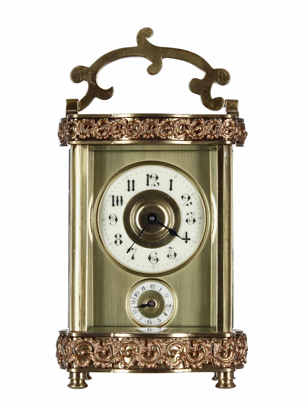 Attractive carriage clock timepiece with alarm striking on a bell beneath the base, the 2" cream