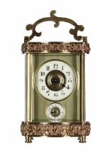 Attractive carriage clock timepiece with alarm striking on a bell beneath the base, the 2" cream