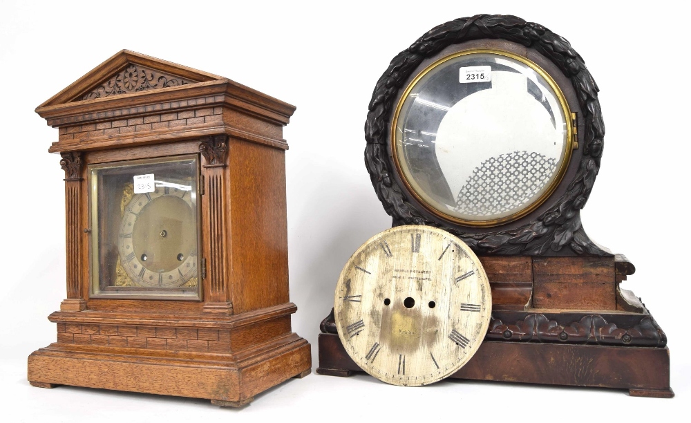 German oak ting-tang mantel clock with W & H movement, 16" high (pendulum); also a mahogany two