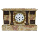 French pink and orange marble mantel clock timepiece, the 3.75" white dial within an architectural