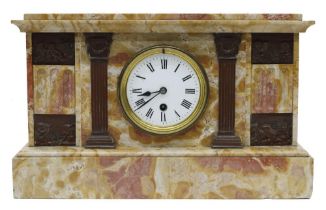French pink and orange marble mantel clock timepiece, the 3.75" white dial within an architectural