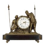 Impressive French two train bronze figural mantel clock, the 5.25" convex white dial within a