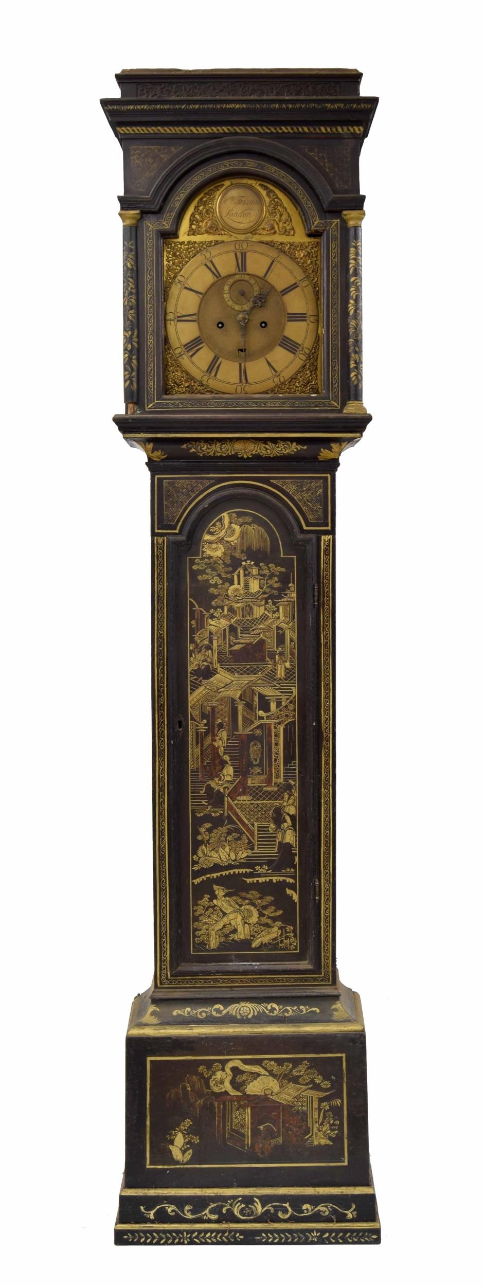 English chinoiserie lacquered eight day longcase clock, the 12" brass arched dial signed William