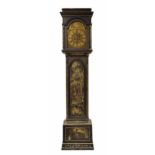 English chinoiserie lacquered eight day longcase clock, the 12" brass arched dial signed William