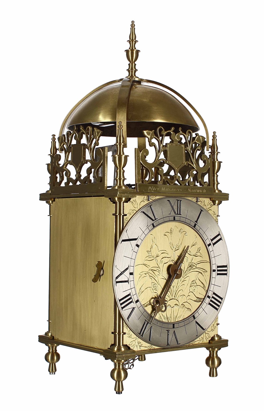 Contemporary brass verge lantern clock signed Peter Mairavers, Nantwich on the front fret, over a - Image 2 of 5